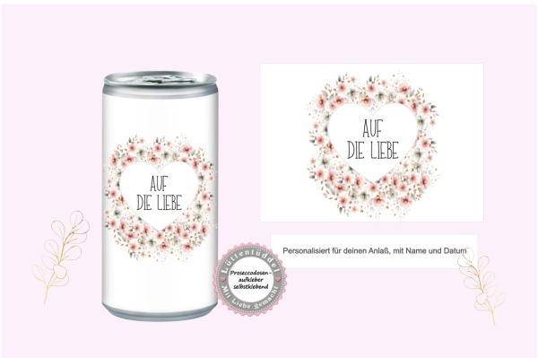 Prosecco Banderole PERSONALISIERT Aufkleber Sticker Blumen Herz für JGA, Hochzeit, Getränke-Dosen-Banderole Design Eukalyptus Lüttentüddel®